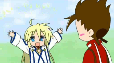 1girl animated animated_gif blonde_hair blue_eyes collet_brunel lloyd_irving long_hair lowres lucky_star open_mouth paffendorf parody red_shirt shirt style_parody tales_of_(series) tales_of_symphonia