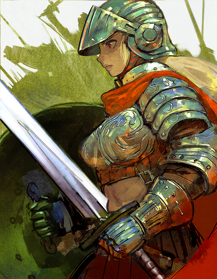 armor bad_id bad_pixiv_id blonde_hair cape helmet knight long_hair midriff okojo original red_eyes shield solo sword weapon