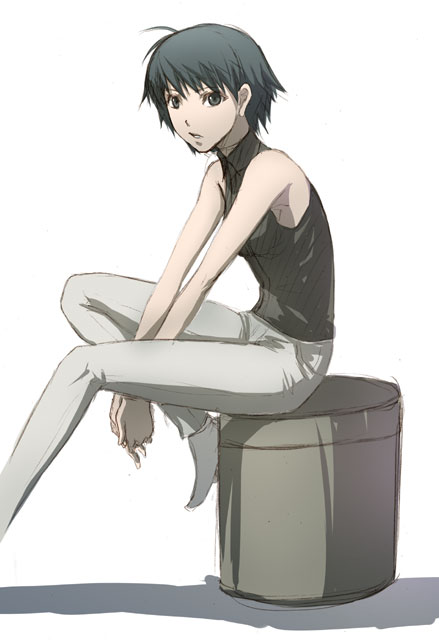 androgynous antenna_hair bare_shoulders black_eyes black_hair idolmaster idolmaster_(classic) idolmaster_1 kikuchi_makoto short_hair sitting sleeveless sleeveless_turtleneck solo turtleneck zou_azarashi