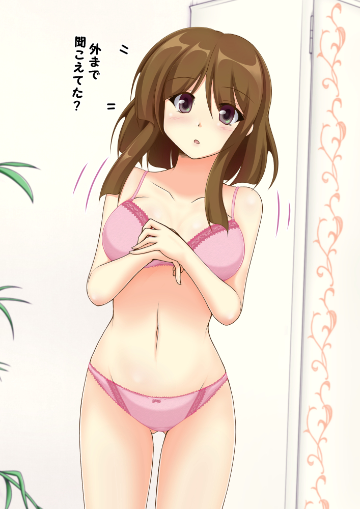 1girl bow bow_panties bra breasts brown_eyes brown_hair commentary_request cowboy_shot crotch_seam indoors kurenaidahlia lace-trimmed_bra lace-trimmed_panties lace_trim large_breasts looking_at_viewer medium_hair motion_lines navel nishida_satono open_mouth own_hands_together panties partial_commentary pink_bra pink_panties sidelocks solo standing touhou translated underwear underwear_only