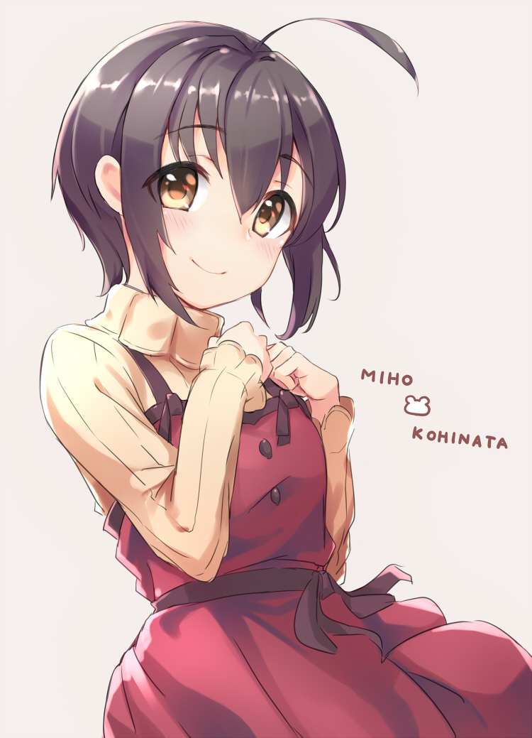 1girl ahoge black_hair black_ribbon blush breasts brown_eyes character_name clenched_hands closed_mouth commentary_request cowboy_shot dress eyes_visible_through_hair hair_between_eyes hands_on_own_chest idolmaster idolmaster_cinderella_girls kohinata_miho kuresuku_(lessons) long_sleeves looking_at_viewer looking_to_the_side medium_breasts raised_eyebrows red_dress ribbed_sweater ribbon short_hair sidelocks simple_background sleeveless sleeveless_dress smile solo sweater thick_eyebrows turtleneck turtleneck_sweater white_background yellow_sweater