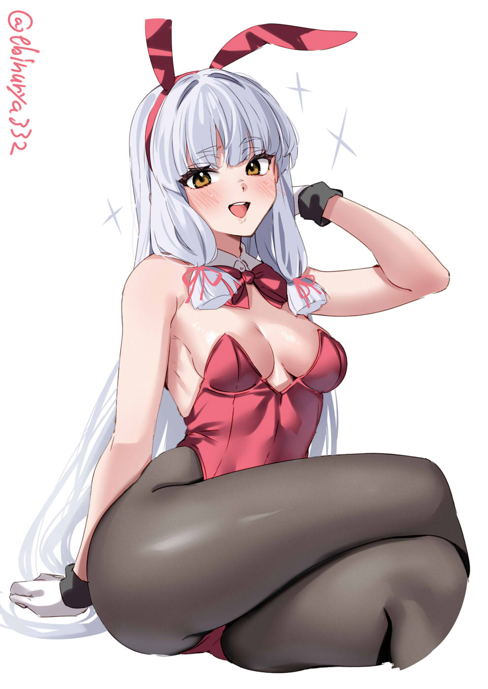 1girl animal_ears artist_name blush breasts brown_eyes cropped_legs crossed_legs detached_collar ebifurya fake_animal_ears gloves grey_hair hair_between_eyes hair_ribbon highres kantai_collection leotard long_hair looking_at_viewer medium_breasts murakumo_(kancolle) one-hour_drawing_challenge open_mouth pantyhose playboy_bunny rabbit_ears red_leotard ribbon sidelocks simple_background smile solo sparkle strapless strapless_leotard teeth thighs tress_ribbon twitter_username upper_teeth_only white_background white_gloves