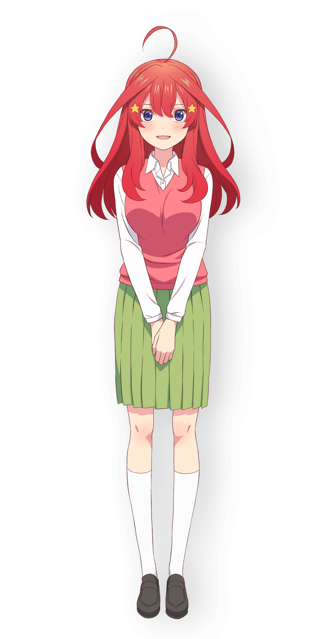 1girl :d ahoge artist_request black_footwear blue_eyes blush breasts double-parted_bangs dress_shirt eyelashes full_body go-toubun_no_hanayome green_skirt hair_between_eyes hair_ornament hair_rings highres kneehighs loafers long_bangs long_hair long_sleeves medium_skirt official_art open_mouth own_hands_together pink_sweater_vest pleated_skirt red_hair school_uniform shirt shoes sidelocks skirt smile socks solo standing star_(symbol) star_hair_ornament straight-on sweater_vest v_arms white_background white_shirt white_socks