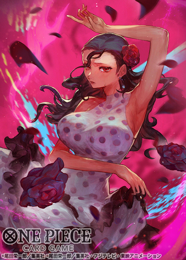 1girl arm_up breasts commentary_request copyright_name cowboy_shot dress floating_hair flower hair_slicked_back holding holding_clothes holding_dress long_hair nijimaarc official_art one_piece purple_flower purple_rose red_eyes rose skirt_hold sleeveless sleeveless_dress solo turtleneck turtleneck_dress viola_(one_piece)