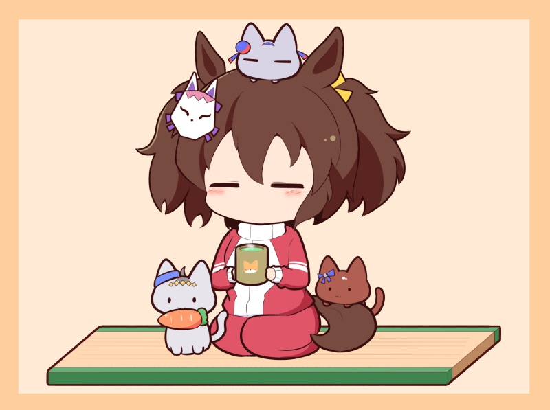 ._. 1girl :3 ahoge animal animal_ears animal_on_head animalization blue_bow border bow brown_background brown_border brown_hair carrot cat chibi closed_eyes closed_mouth cup ear_bow food_in_mouth fox_mask full_body gomashio_(goma_feet) hair_between_eyes holding holding_cup horse_ears horse_girl horse_tail inari_one_(umamusume) jacket mask mask_on_head mouth_hold oguri_cap_(umamusume) on_head pants red_jacket seiza sitting super_creek_(umamusume) tail tamamo_cross_(umamusume) track_jacket track_pants track_suit twintails umamusume yunomi