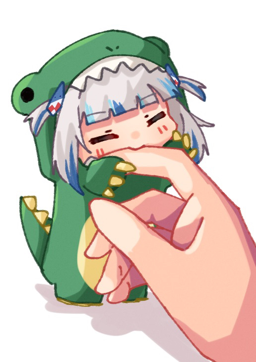 1girl =_= biting_another's_finger blue_hair blunt_bangs blush chibi closed_eyes commentary_request dinosaur_costume gawr_gura grey_hair hair_ornament hololive hololive_english kurushiro1102 mini_person minigirl multicolored_hair official_alternate_costume onesie pov pov_hands shark_hair_ornament smile solo_focus streaked_hair two_side_up virtual_youtuber