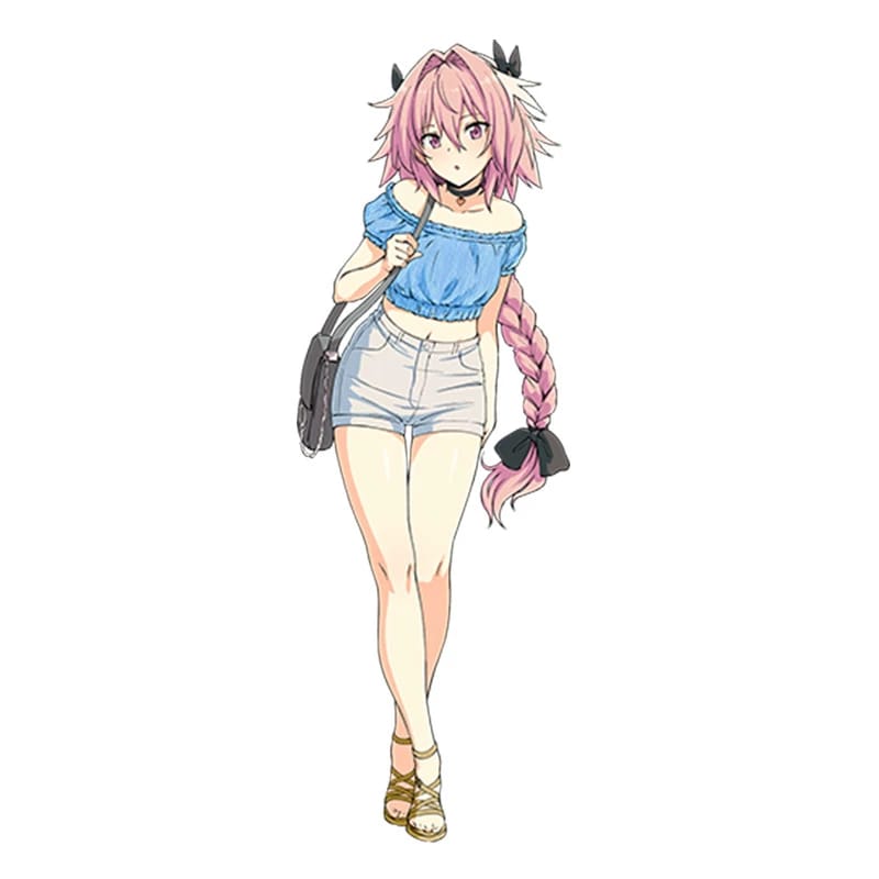 1boy :o alternate_costume astolfo_(fate) bag bare_legs bare_shoulders black_bow black_choker blue_shirt blush bow braid brown_footwear casual choker collarbone crop_top crossed_legs denim denim_shorts fate/apocrypha fate/grand_order fate_(series) flat_chest full_body grey_bag hair_between_eyes hair_bow hair_intakes handbag heart heart_choker legs long_hair looking_at_viewer male_focus multicolored_hair navel non-web_source off-shoulder_shirt off_shoulder otoko_no_ko parted_bangs pas_(paxiti) sandals shirt shorts shoulder_bag simple_background single_braid solo source_request standing stomach streaked_hair thigh_gap watson_cross white_background white_hair white_shorts