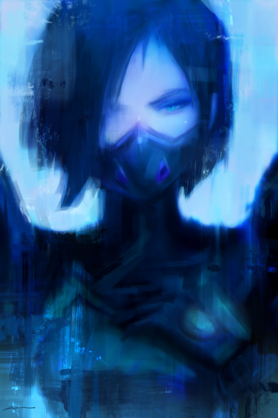 1girl alex_chow black_hair blue_background blue_theme bodysuit glitch green_eyes highres looking_at_viewer mask mouth_mask parted_bangs portrait short_hair solo straight-on valorant viper_(valorant)