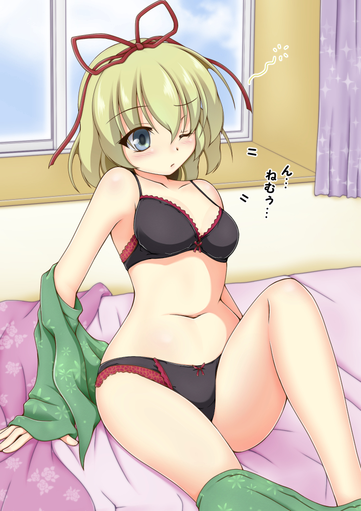 1girl bedroom black_bra black_pantyhose blush bow bow_bra bow_panties bra breasts closed_mouth commentary_request day frilled_bra frilled_panties frills frown hair_ribbon indoors knee_up kurenaidahlia looking_to_the_side medicine_melancholy medium_breasts navel on_bed one_eye_closed pajamas panties pants_around_one_leg pantyhose partial_commentary red_ribbon ribbon shirt_around_one_arm short_hair sitting sleepy solo touhou translated underwear underwear_only window