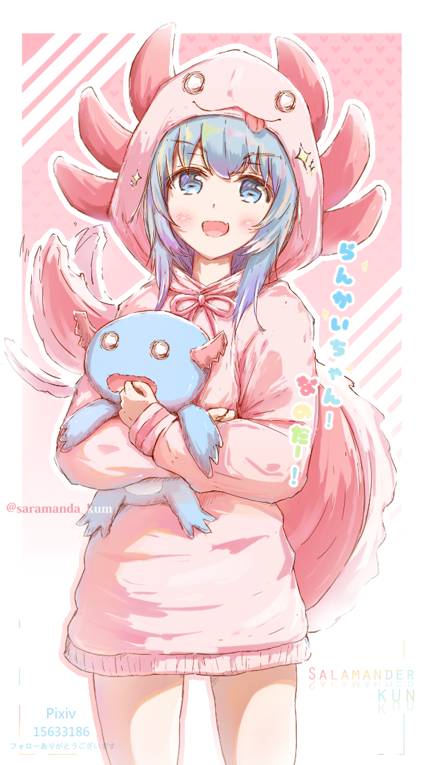 1girl :3 :d animal_hood bangs blue_eyes blue_hair blush carrying commentary_request cowboy_shot creature eyebrows_visible_through_hair fang heart hood hoodie_dress jerry3912 long_sleeves looking_at_viewer o_o open_mouth original pink_background pink_hoodie sidelocks sleeves_past_wrists smile solo sparkle_hair_ornament tail thighs twitter_username