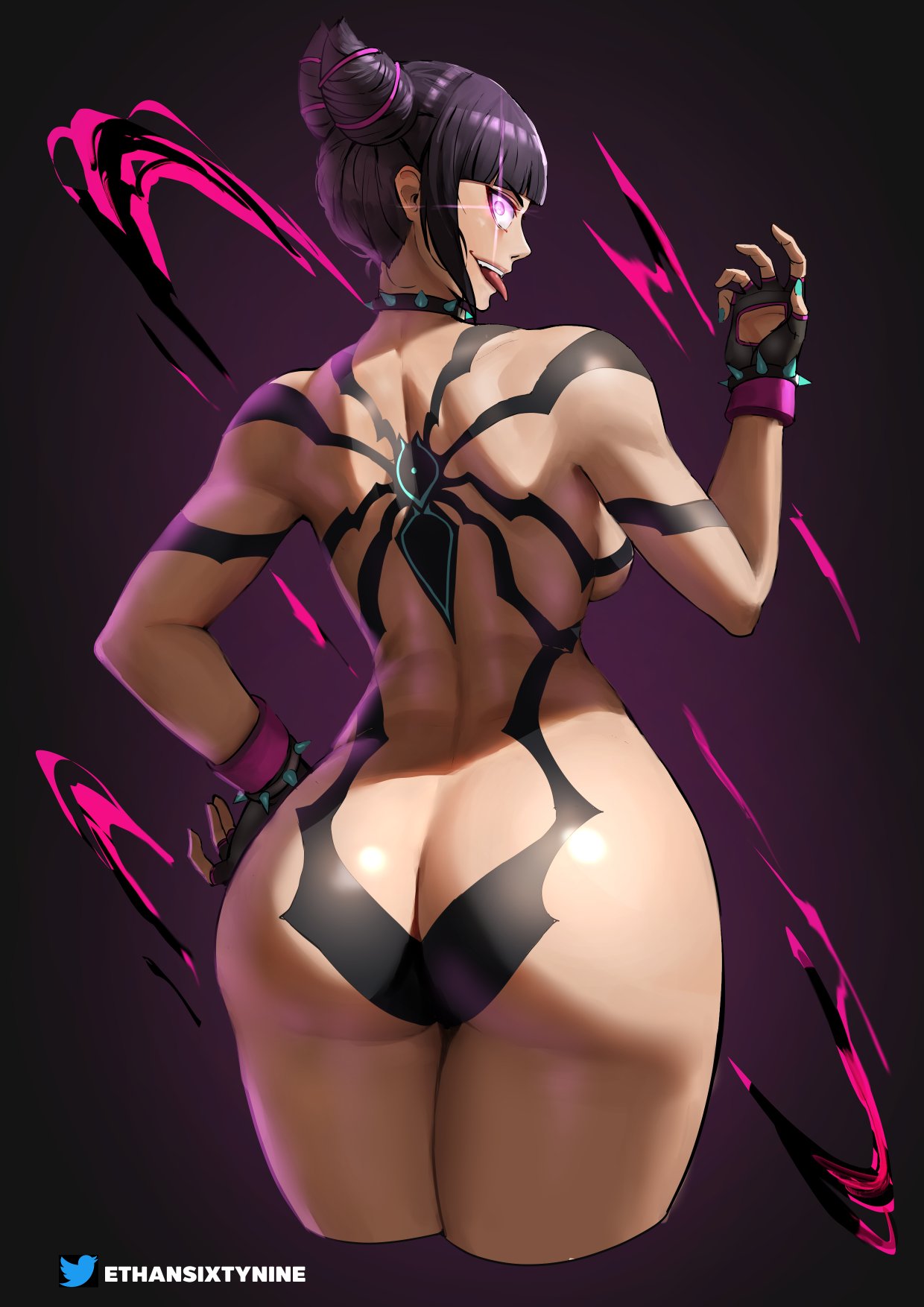 1girl artist_name ass ass_focus back black_background black_hair bracelet butt_crack collar evil_smile fingerless_gloves ghostdoctor gloves glowing glowing_eye gradient_background han_juri hand_on_own_hip highres huge_ass jewelry looking_back purple_background sadism smile solo spiked_bracelet spiked_collar spiked_hair spikes street_fighter tattoo tongue tongue_out