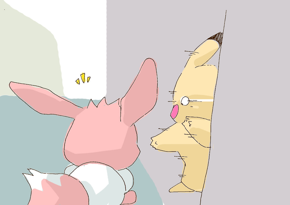 2018 ambiguous_gender brown_body duo eevee faceless_character feral generation_1_pokemon get_it_go motion_lines neck_tuft nintendo pikachu pokemon pokemon_(species) red_cheeks surprise tuft yellow_body