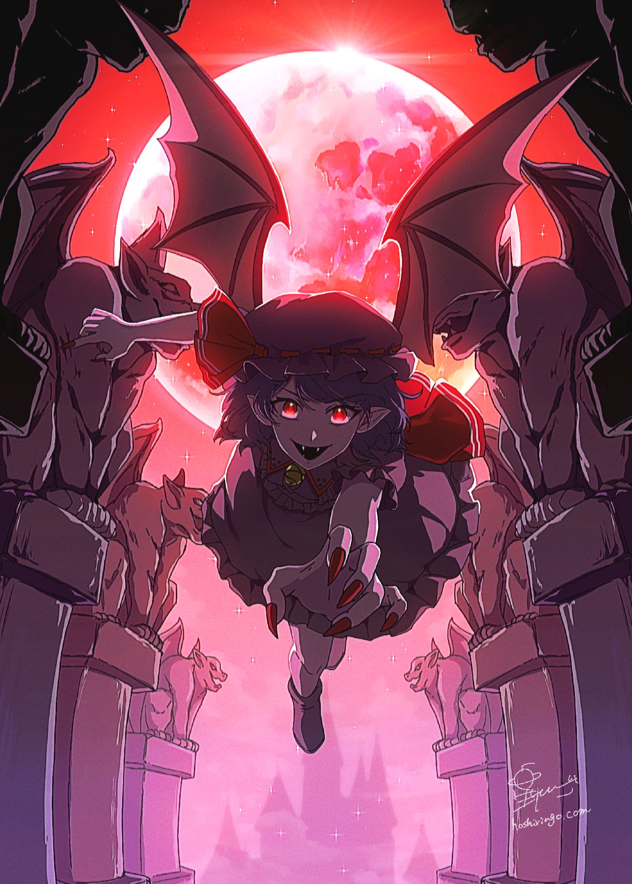 1girl bat_wings blue_hair dress fang fingernails floating frilled_dress frills full_body full_moon gargoyle hat highres hoshiringo0902 looking_at_viewer mob_cap moon offering_hand open_mouth pointy_ears red_eyes red_moon red_nails red_sky remilia_scarlet sharp_fingernails short_hair sky smile solo touhou wings