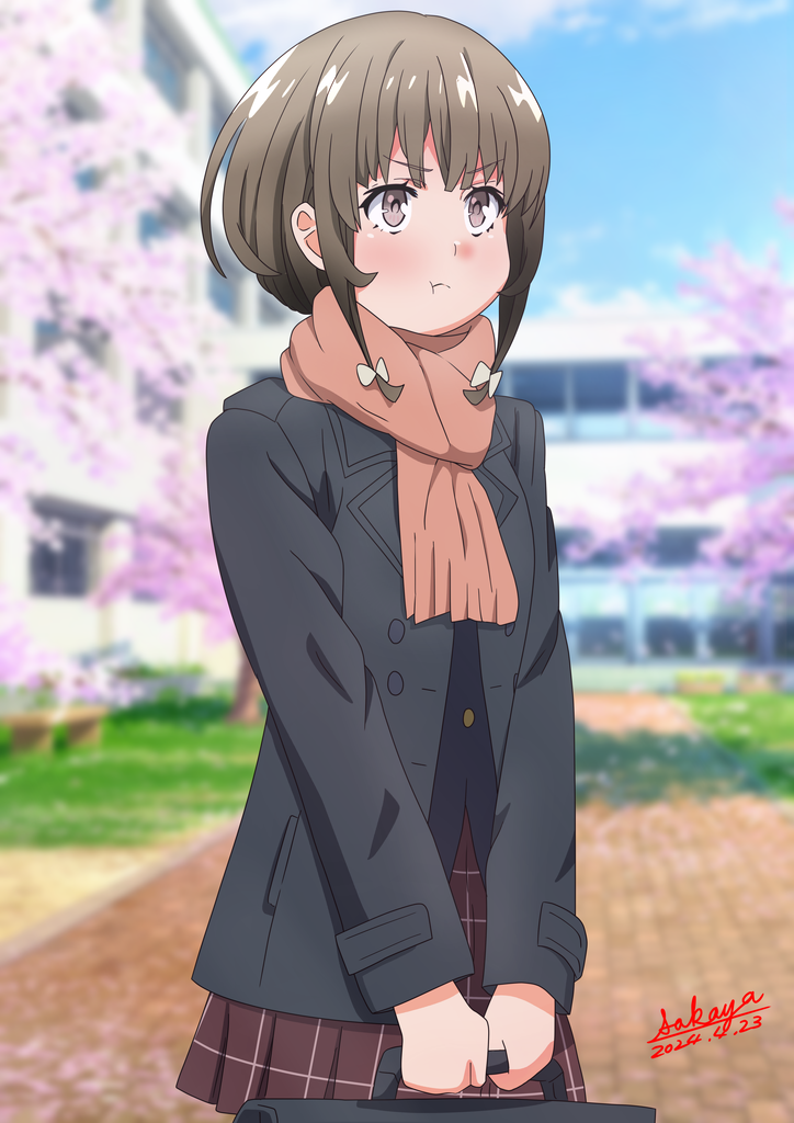 1girl :t azusagawa_kaede black_jacket blue_sky blurry blurry_background blush bow briefcase brown_eyes brown_hair brown_scarf brown_skirt building closed_mouth cloud commentary_request dated day depth_of_field fringe_trim hair_bow holding jacket long_sleeves outdoors pleated_skirt pout red_bow sakayaya scarf school_briefcase seishun_buta_yarou signature skirt sky solo tree v-shaped_eyebrows