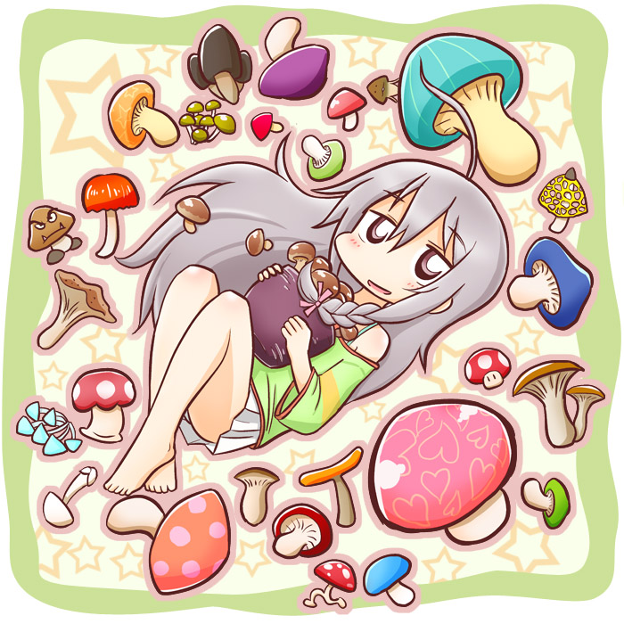 1girl barefoot blush bow braid brown_background brown_eyes chibi commentary_request flower_pot full_body goomba green_background green_shirt grey_hair hair_between_eyes hair_bow holding hoshi_syoko idolmaster idolmaster_cinderella_girls knees_up long_hair long_sleeves looking_at_viewer mario_(series) mushroom naga_u off_shoulder panties parted_lips pink_bow plant_request pleated_skirt shirt single_braid skirt smile solo starry_background super_mushroom two-tone_background underwear very_long_hair white_panties white_skirt wide_sleeves