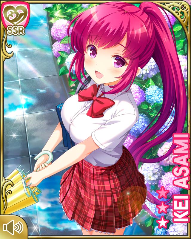 1girl asami_kei blush bow bowtie breasts character_name girlfriend_(kari) large_breasts light_smile long_hair non-web_source official_art open_mouth plaid plaid_skirt ponytail purple_eyes red_bow red_bowtie red_hair red_skirt school_uniform shirt skirt solo white_shirt