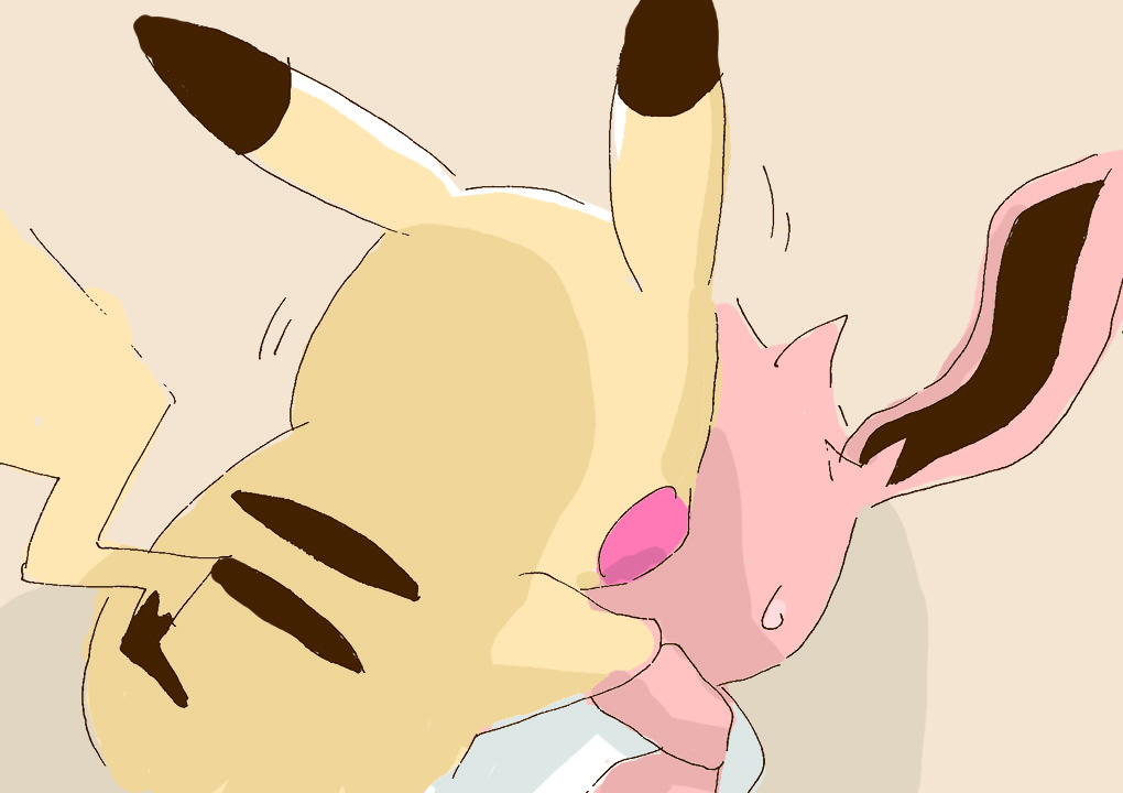2018 ambiguous_gender brown_background brown_body duo eevee faceless_character generation_1_pokemon get_it_go kissing neck_tuft nintendo pikachu pokemon pokemon_(species) red_cheeks simple_background tuft yellow_body