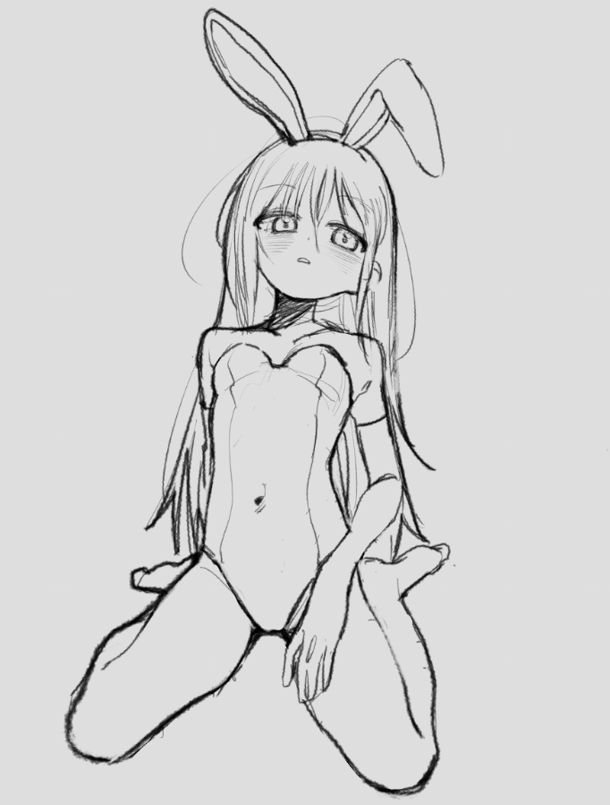 1girl animal_ears bare_shoulders breasts elbow_gloves expressionless fake_animal_ears full_body gloves kurobeko_(kur0bek0) leotard long_hair looking_at_viewer monochrome original parted_lips playboy_bunny rabbit_ears sitting sketch small_breasts solo wariza