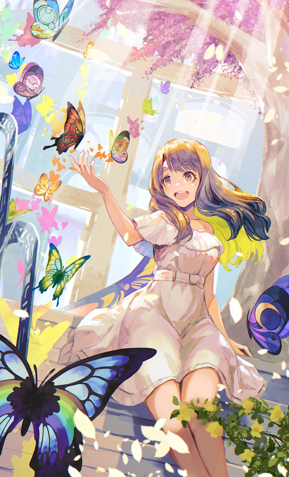 1girl alternate_costume arm_at_side arm_up bare_shoulders belt birthday blue_butterfly breasts brown_eyes brown_hair bug butterfly collarbone commentary_request conservatory day dress falling_leaves feet_out_of_frame fingernails flower green_butterfly highres idolmaster idolmaster_million_live! indoors large_breasts leaf light_rays looking_to_the_side medium_bangs miyao_miya multicolored_butterfly off-shoulder_dress off_shoulder open_mouth orange_butterfly pink_butterfly purple_butterfly purple_leaves sitting smile swept_bangs takanome_kiriri teeth tongue tree upper_teeth_only white_belt white_dress window yellow_butterfly yellow_flower