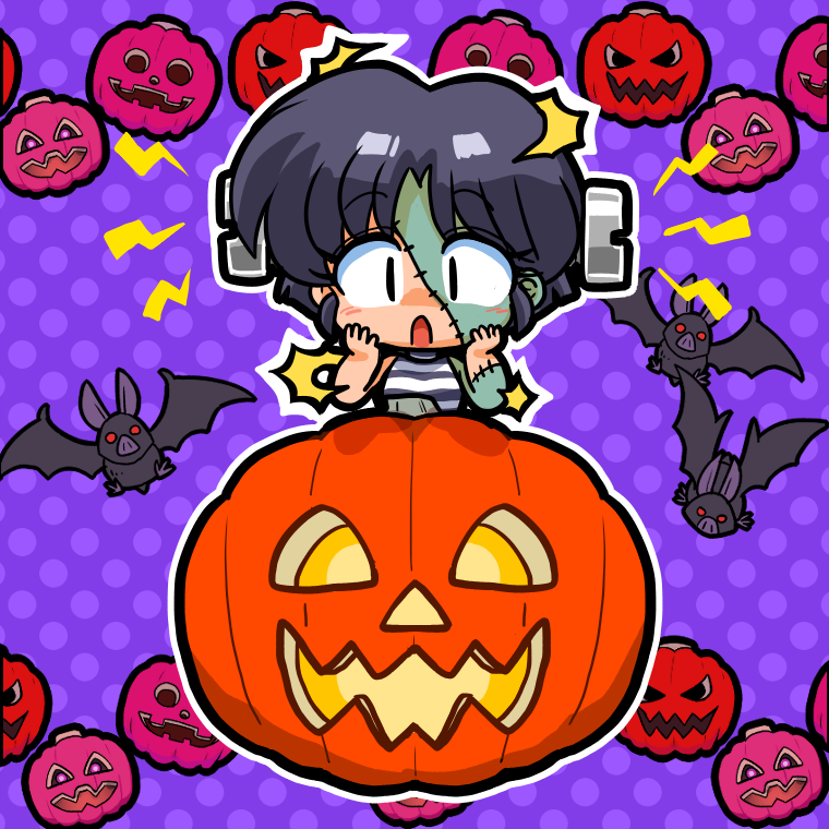 1girl alarmed bat_(animal) black_hair bolt chibi chibi_only cosplay crude_stitches d: electricity frankenstein's_monster frankenstein's_monster_(cosplay) halloween halloween_costume hands_on_own_face horizontal-striped_clothes jack-o'-lantern lightning_bolt_symbol looking_at_viewer object_through_head open_mouth polka_dot polka_dot_background purple_background ranma_1/2 screw_in_head short_hair stitched_arm stitched_face stitches tendou_akane wanta_(futoshi) wide-eyed