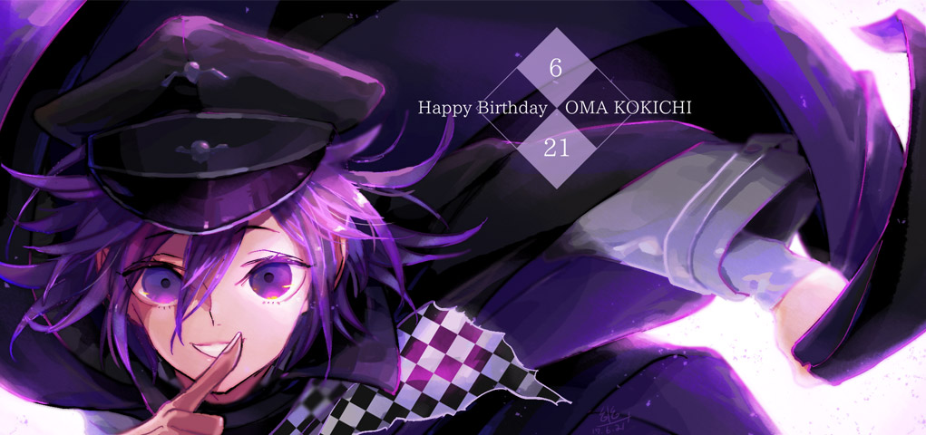 1boy arm_belt belt black_cape black_hat black_scarf cape cape_hold character_name checkered_clothes checkered_scarf colored_eyelashes commentary_request cowboy_shot danganronpa_(series) danganronpa_v3:_killing_harmony dated finger_to_mouth fingernails grin hair_between_eyes happy_birthday hat juliet_sleeves jumpsuit layered_sleeves leaning_forward long_sleeves looking_at_viewer male_focus oma_kokichi pants peaked_cap puffy_sleeves purple_cape purple_eyes purple_hair purple_pants purple_theme scarf short_hair simple_background sleeves_past_wrists smile solo two-sided_cape two-sided_fabric two-tone_scarf u_u_ki_u_u white_background white_belt white_jumpsuit white_scarf white_sleeves