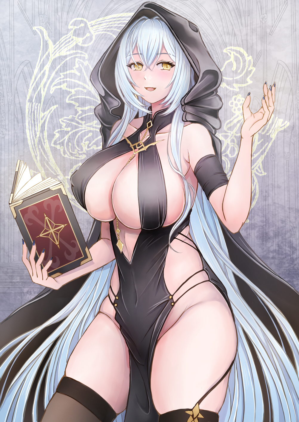 1girl :d arkhangelsk_(azur_lane) arkhangelsk_(supporting_sorceress)_(azur_lane) azur_lane bare_shoulders black_cloak black_dress black_nails black_thighhighs blue_hair blush book breasts cleavage cloak collarbone dress highres holding holding_book hood hooded_cloak long_hair looking_at_viewer nail_polish official_alternate_costume revealing_clothes sai-go smile solo thighhighs very_long_hair yellow_eyes