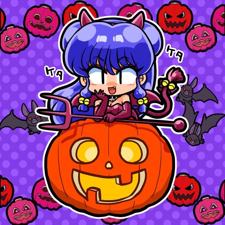 1girl bare_shoulders bat_(animal) black_choker blush bodysuit breasts cat_tail chibi chibi_only choker cleavage demon_costume demon_girl demon_tail demon_wings double_bun elbow_gloves eyeshadow gloves hair_bun hair_ornament halloween halloween_costume hand_on_own_chest holding_trident jack-o'-lantern long_hair looking_at_viewer makeup open_mouth pink_eyeshadow pitchfork polka_dot polka_dot_background purple_background purple_hair ranma_1/2 red_bodysuit red_tail red_wings shampoo shampoo_(ranma_1/2) sidelocks skull_choker small_breasts smug tail tail_ornament wanta_(futoshi) wings