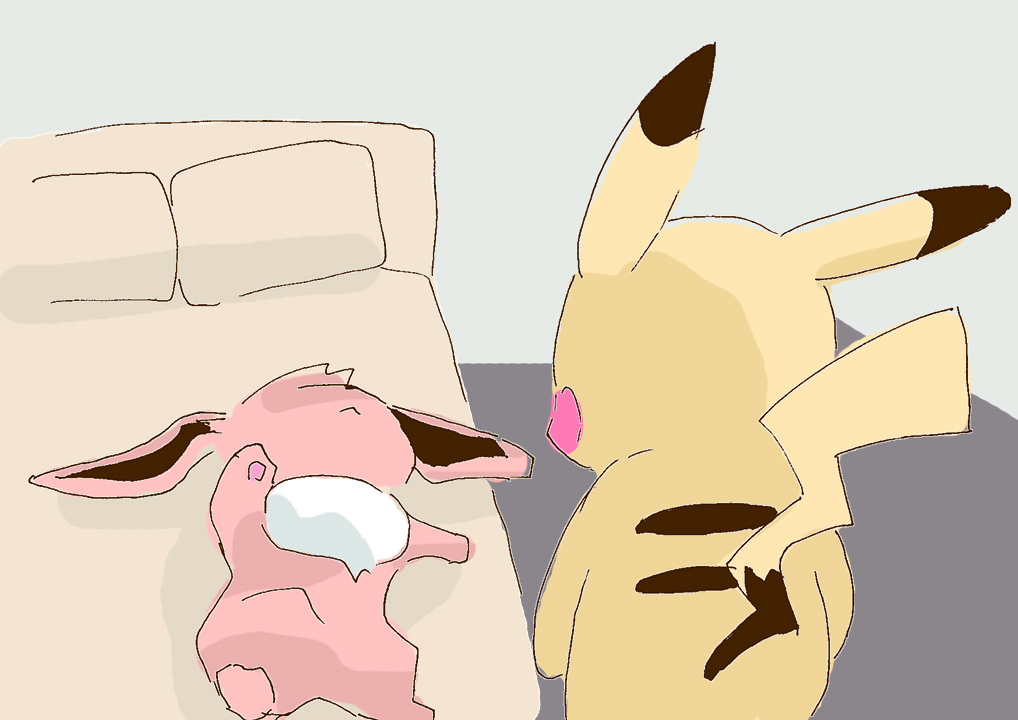 2018 ambiguous_gender bed brown_body duo eevee faceless_character furniture generation_1_pokemon get_it_go inside lying neck_tuft nintendo on_back on_bed pikachu pillow pokemon pokemon_(species) red_cheeks tuft yellow_body