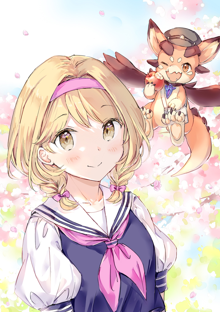 1girl ;d animal apple black_shirt blonde_hair blue_sky blush bow braid brown_eyes cabbie_hat closed_mouth commentary_request day djeeta_(granblue_fantasy) dragon food fruit granblue_fantasy grey_hat hair_bow hat holding holding_food looking_at_viewer low_twintails neckerchief one_eye_closed outdoors petals pink_bow pink_neckerchief puffy_short_sleeves puffy_sleeves red_apple sailor_collar school_uniform serafuku shirt short_sleeves short_twintails sky smile twin_braids twintails vyrn_(granblue_fantasy) wataame27 white_sailor_collar