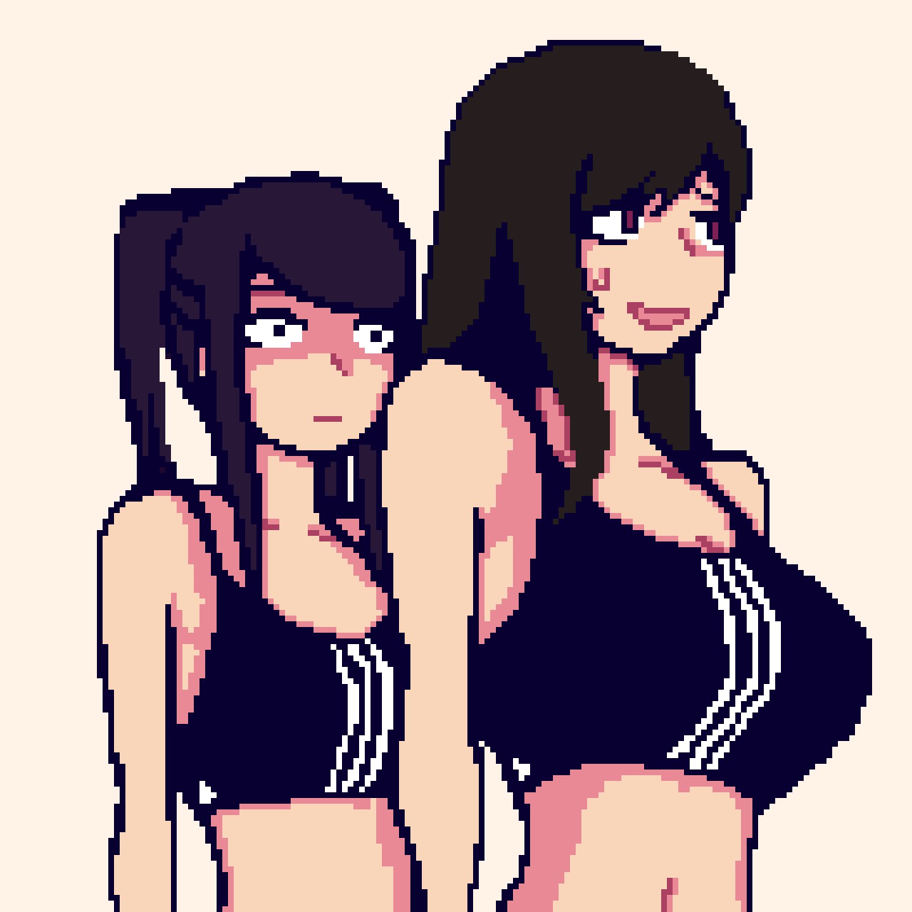 2girls adidas bare_shoulders bartender black_hair black_sports_bra breast_conscious breast_envy breasts brown_hair cleavage cropped_torso cyberpunk final_fantasy final_fantasy_vii final_fantasy_vii_remake gillian_(va-11_hall-a) gloom_(expression) height_difference highres large_breasts long_hair looking_to_the_side lzmdru4_1 medium_support_(meme) meme midriff multiple_girls navel nervous nervous_smile nervous_sweating open_mouth pixel_art purple_hair red_eyes scared shaded_face shirt simple_background sleeveless sleeveless_shirt small_breasts smile sports_bra stomach striped_sports_bra sweat tifa_lockhart triple_vertical_stripe turn_pale twintails undersized_breast_cup va-11_hall-a vertical-striped_sports_bra wide-eyed