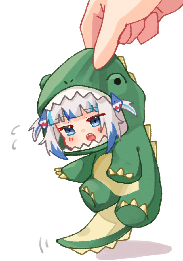 1other blue_eyes blue_hair blunt_bangs blush chibi choppy_bangs commentary_request dinosaur_costume flying_sweatdrops gawr_gura grey_hair hololive hololive_english kurushiro1102 lifting_person mini_person minigirl multicolored_hair official_alternate_costume onesie open_mouth pov pov_hands sharp_teeth solo_focus streaked_hair teeth two_side_up virtual_youtuber