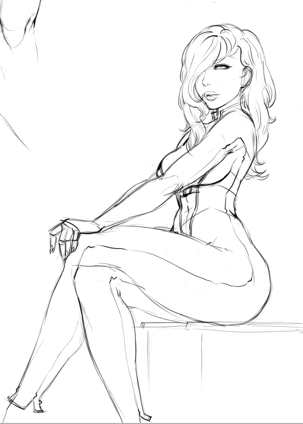 bodysuit breasts crossed_legs greyscale hair_over_one_eye lips lm_(legoman) long_hair medium_breasts monochrome rachael_foley resident_evil resident_evil_revelations sitting sketch solo thick_thighs thighs wide_hips