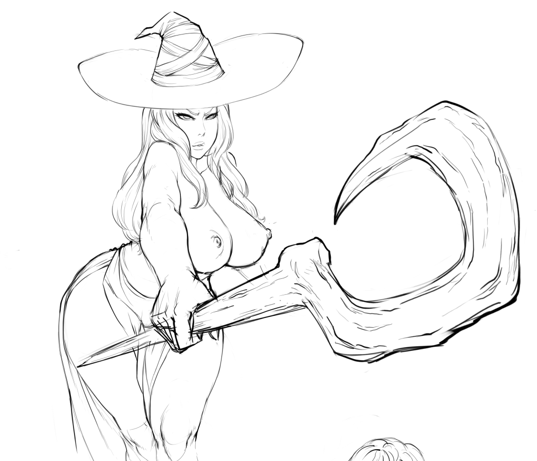 breasts dragon's_crown greyscale hat large_breasts lineart lips lm_(legoman) long_hair long_skirt monochrome nipples side_slit sketch skirt solo sorceress_(dragon's_crown) staff topless witch_hat