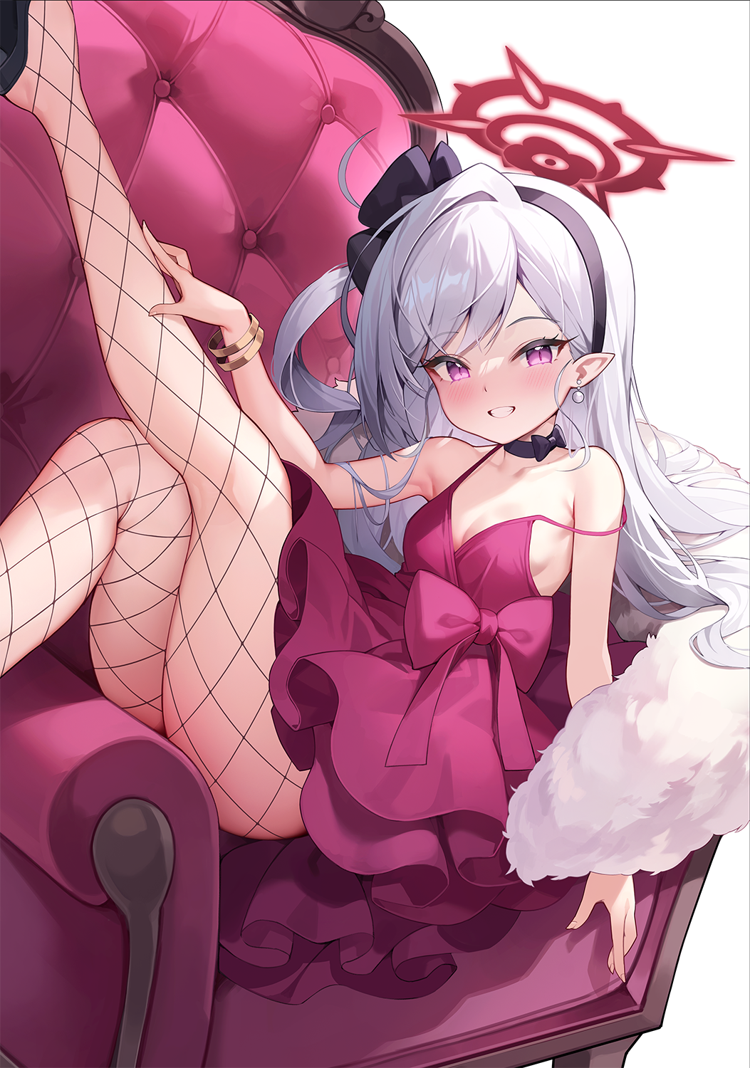 1girl blue_archive blush breasts dress earrings fishnet_pantyhose fishnets fur_shawl grey_hair hairband halo highres jewelry leg_up long_hair looking_at_viewer mutsuki_(blue_archive) mutsuki_(dress)_(blue_archive) official_alternate_costume pantyhose pearl_earrings pinki_o64 pointy_ears red_dress red_halo shawl sleeveless sleeveless_dress small_breasts smile solo strap_slip white_background white_fur