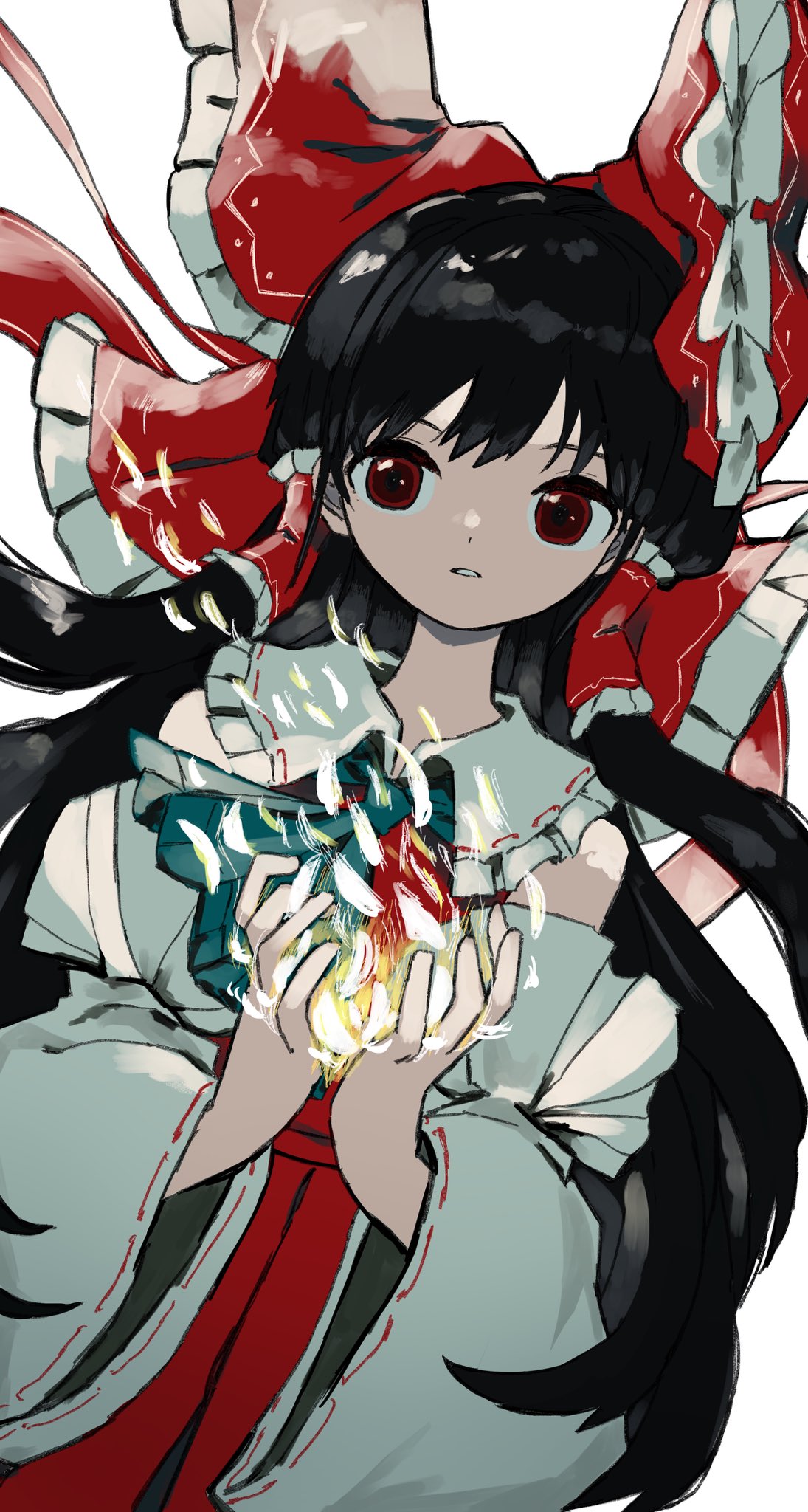 1girl ascot bare_shoulders black_hair blue_ascot bow commentary_request detached_sleeves expressionless frilled_bow frilled_hair_tubes frills hair_bow hair_tubes hakurei_reimu highres long_hair long_skirt looking_to_the_side neruzou nontraditional_miko red_bow red_eyes red_shirt red_skirt revision ribbon-trimmed_sleeves ribbon_trim shirt sidelocks simple_background skirt skirt_set sleeveless sleeveless_shirt solo touhou upper_body white_background wide_sleeves