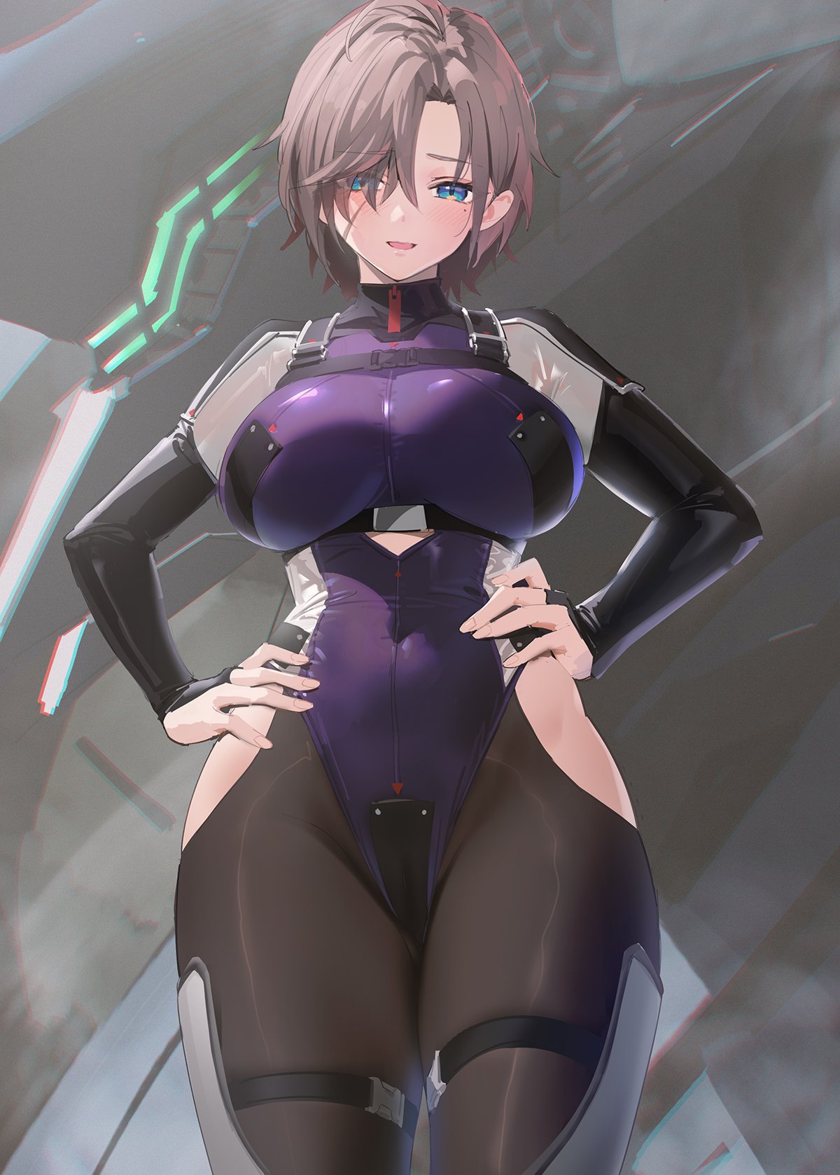 1girl armored_core armored_core_6 black_bridal_gauntlets black_pantyhose blue_eyes breasts bridal_gauntlets brown_hair commentary_request genderswap genderswap_(mtf) hand_on_own_hip hands_on_own_hips highres hip_vent impossible_clothes impossible_leotard large_breasts leotard looking_at_viewer mole mole_under_eye pantyhose parted_bangs purple_leotard scar scar_on_face short_hair solo upper_body v.iv_rusty yd_(orange_maru)