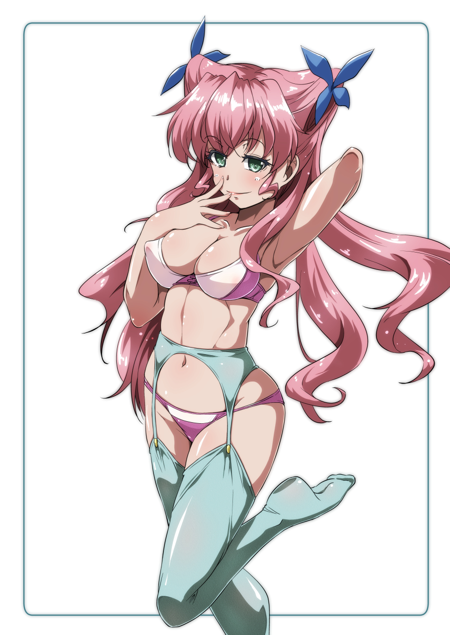 1girl aqua_garter_belt aqua_thighhighs arm_behind_head armpits blue_eyes blue_ribbon border bra breasts cleavage_cutout closed_mouth clothing_cutout garter_belt grey_border hair_ribbon hand_to_own_mouth highres leg_up lingerie long_hair looking_at_viewer maria_cadenzavna_eve medium_breasts navel panties pink_bra pink_hair pink_panties ribbon rounded_corners senki_zesshou_symphogear simple_background smile solo standing standing_on_one_leg tappa_(esperanza) thighhighs underwear underwear_only white_background