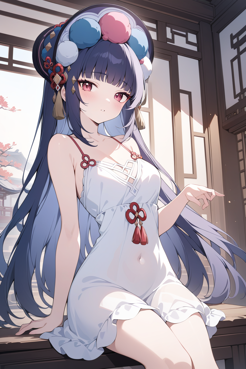 1girl ai-generated alternate_costume architecture bare_shoulders blue_hair breasts colored_inner_hair cool_&amp;_sexy_(idolmaster) covered_navel dress east_asian_architecture genshin_impact hand_up highres hime_cut long_hair looking_at_viewer medium_breasts multicolored_hair nightgown non-web_source original pink_eyes purple_hair sitting solo tassel teeth white_dress yun_jin_(genshin_impact)