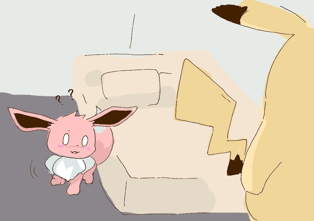 2018 ambiguous_gender bed brown_body confusion duo eevee feral furniture generation_1_pokemon get_it_go inside neck_tuft nintendo pikachu pillow pokemon pokemon_(species) question_mark tuft walking yellow_body