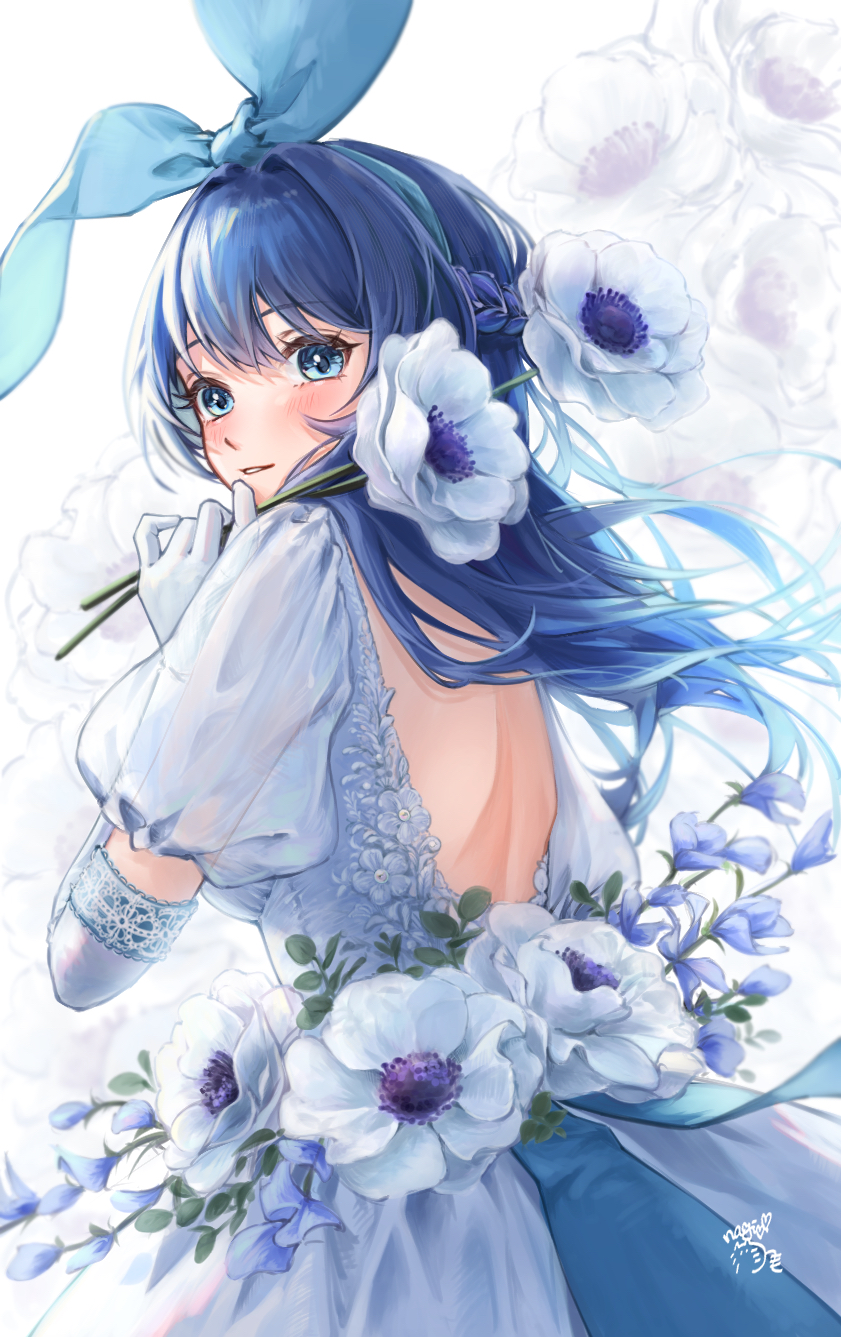 1girl anemone_(flower) backless_dress backless_outfit blue_bow blue_eyes blue_hair blue_hairband bow braid cowboy_shot dark_blue_hair dress dress_flower floral_background flower from_behind gloves hair_bow hair_intakes hairband highres holding holding_flower long_hair looking_at_viewer looking_back nagisa_(pan_to_honey) original parted_lips puffy_sleeves see-through see-through_sleeves signature solo white_background white_dress white_gloves