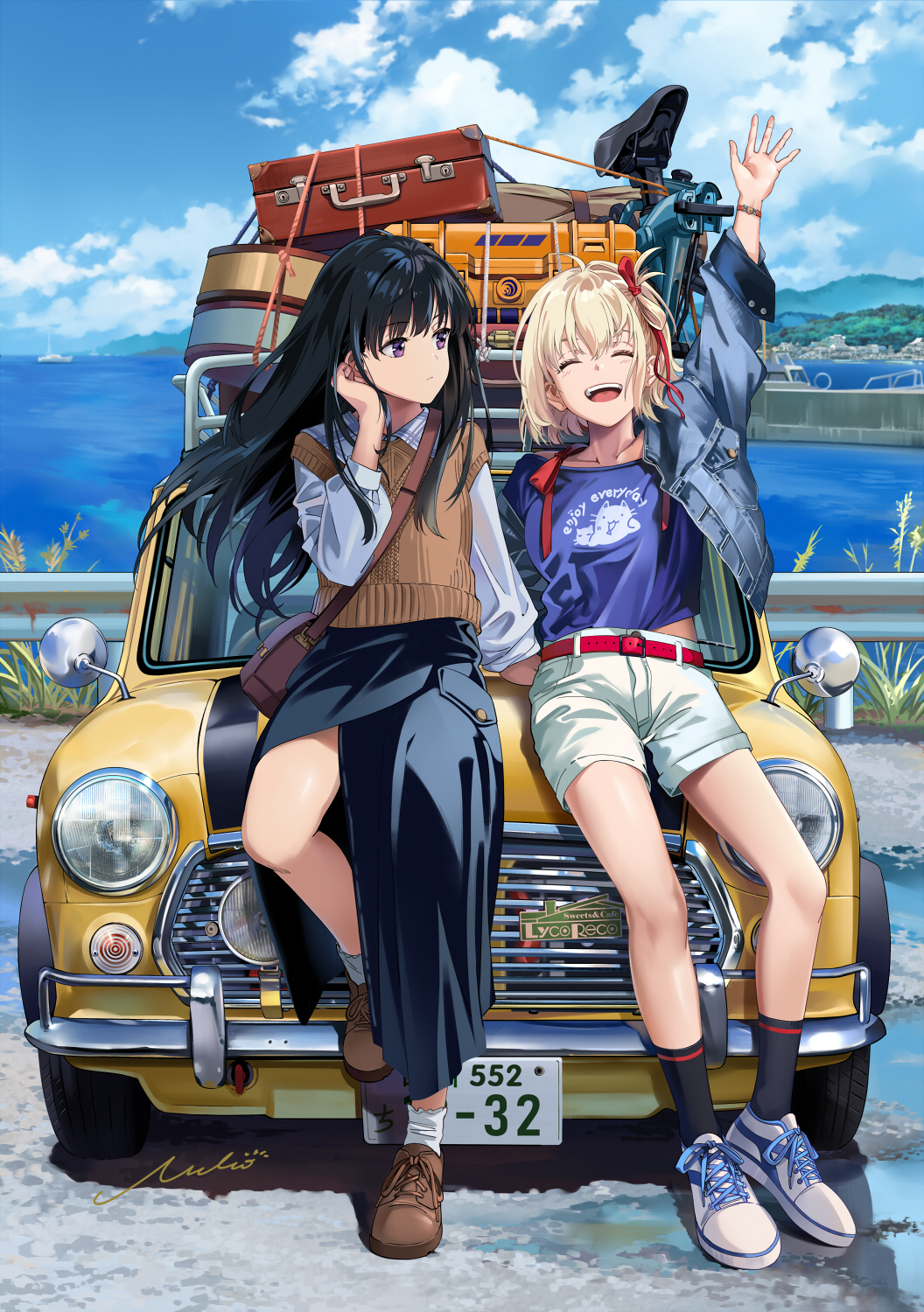 2girls ^_^ belt belt_buckle bicycle black_hair black_skirt blonde_hair blue_jacket blue_shirt breasts brown_footwear brown_sweater_vest buckle car closed_eyes closed_mouth cloud collarbone commentary copyright_name day denim english_commentary floating_hair hair_ribbon highres horizon inoue_takina jacket landscape leaning_on_object license_plate long_hair long_sleeves looking_at_another lycoris_recoil medium_breasts midriff_peek mixed-language_commentary motor_vehicle multiple_girls neko_(yanshoujie) nishikigi_chisato ocean open_clothes open_jacket open_mouth outdoors purple_eyes red_belt red_ribbon ribbon road shirt short_hair shorts signature single_off_shoulder skirt sky socks suitcase sweater_vest teeth tucking_hair upper_teeth_only white_footwear white_shorts white_socks