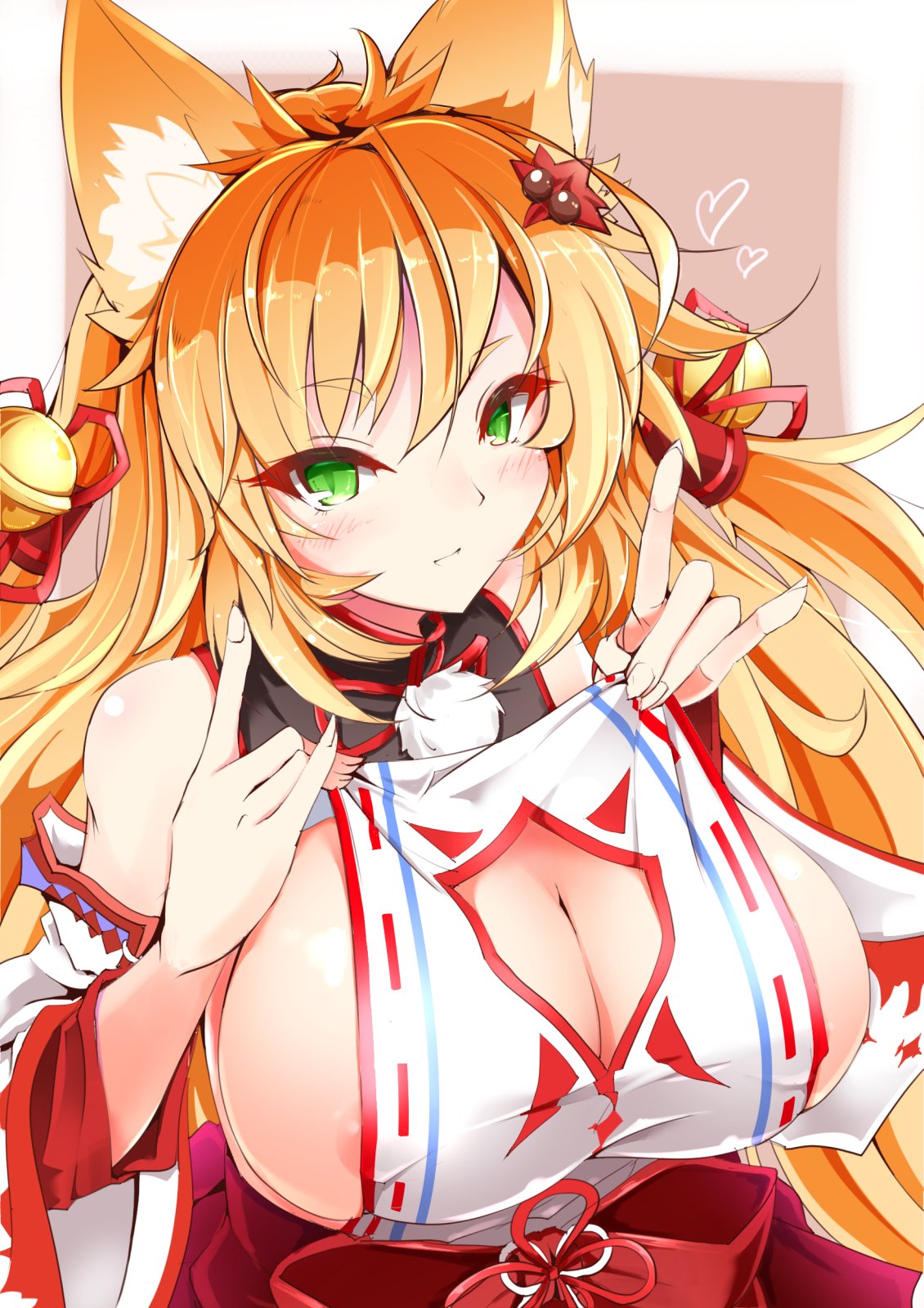 1girl animal_ear_fluff animal_ears areola_slip bell blonde_hair brave_girl_ravens breasts chinese_knot cleavage cleavage_cutout clothing_cutout detached_sleeves double_fox_shadow_puppet fox_ears fox_girl fox_shadow_puppet green_eyes heart highres japanese_clothes large_breasts leqz5945 long_hair looking_at_viewer nariko_(brave_girl_ravens) nontraditional_miko simple_background slit_pupils solo
