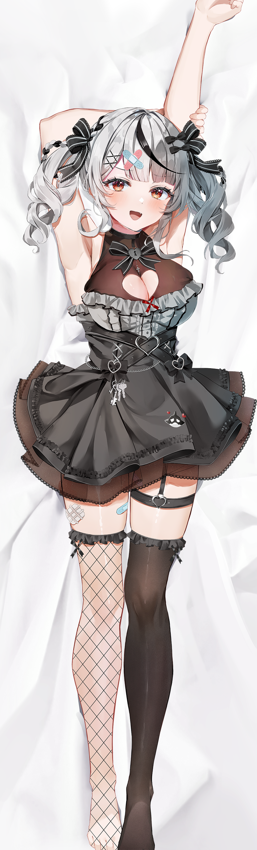 1girl absurdres arm_up armpits arms_behind_head asymmetrical_legwear bed_sheet black_hair black_skirt black_thighhighs breasts cleavage cleavage_cutout clothing_cutout commentary_request dakimakura_(medium) feet_out_of_frame grey_hair hazuki_yuzuru heart_cutout highres hololive jirai_kei large_breasts looking_at_viewer mismatched_legwear multicolored_hair official_alternate_costume official_alternate_hairstyle on_bed open_mouth red_eyes sakamata_chloe sakamata_chloe_(jirai_kei) single_fishnet_legwear single_thighhigh skirt smile soles solo streaked_hair thighhighs twintails virtual_youtuber