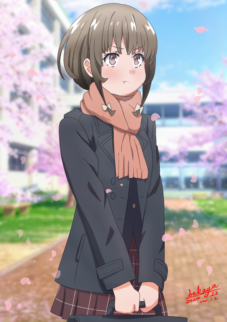 1girl :t azusagawa_kaede black_jacket blue_sky blurry blurry_background blush bow briefcase brown_eyes brown_hair brown_scarf brown_skirt building closed_mouth cloud commentary_request dated day depth_of_field fringe_trim hair_bow holding jacket long_sleeves outdoors pleated_skirt pout red_bow revision sakayaya scarf school_briefcase seishun_buta_yarou signature skirt sky solo tree v-shaped_eyebrows