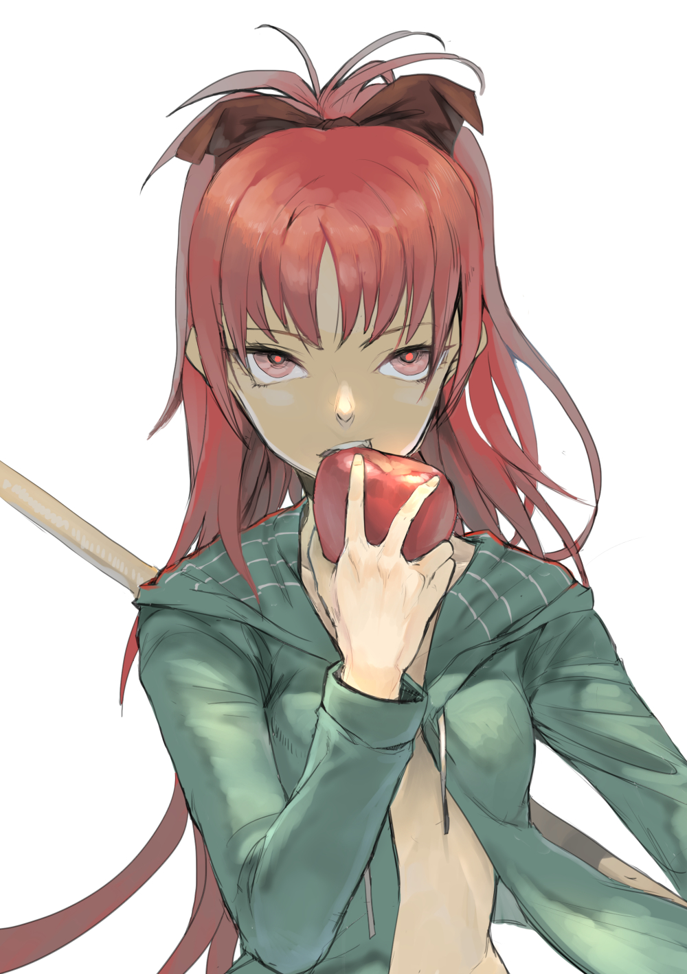 apple biting casual food fruit hair_ribbon highres hood hoodie jacket long_hair looking_at_viewer mahou_shoujo_madoka_magica nuda open_clothes open_jacket polearm ponytail red_eyes red_hair ribbon sakura_kyouko simple_background solo spear weapon