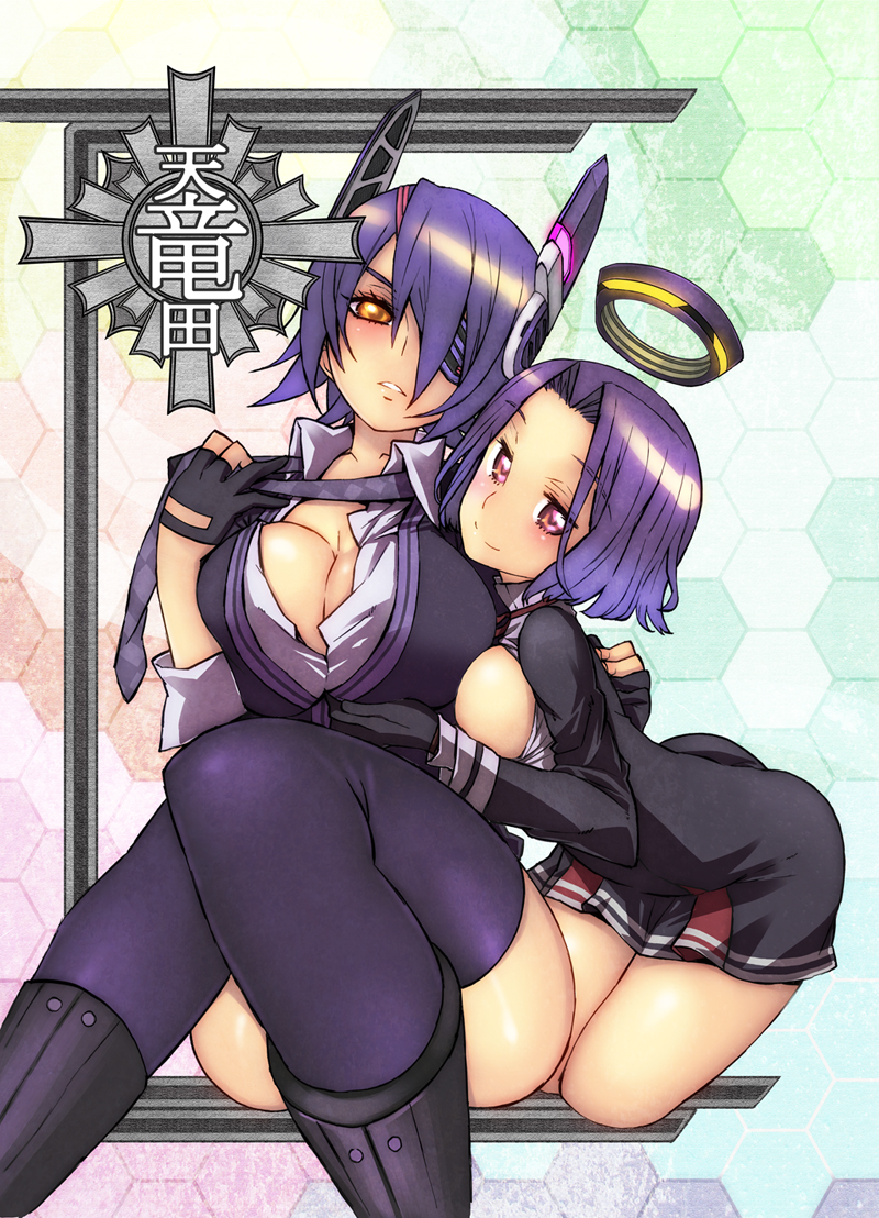 boots breasts cleavage dress eyepatch fingerless_gloves gloves headgear hug kantai_collection large_breasts looking_at_viewer mechanical_halo multiple_girls nagy open_clothes open_shirt purple_eyes purple_hair school_uniform shirt short_dress short_hair tatsuta_(kantai_collection) tenryuu_(kantai_collection) thighhighs yellow_eyes yuri