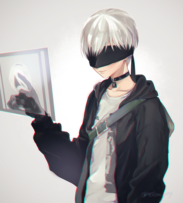 1boy arm_up artist_name bangs black_blindfold black_choker black_dress black_gloves black_hairband black_jacket blindfold breasts choker closed_mouth dress gloves grey_background grey_hair hairband hood hooded_jacket jacket jewelry juliet_sleeves long_sleeves male_focus medium_breasts mellow_rag nier_(series) nier_automata open_clothes open_jacket pendant puffy_sleeves short_hair signature smile solo swept_bangs yorha_no._2_type_b yorha_no._9_type_s