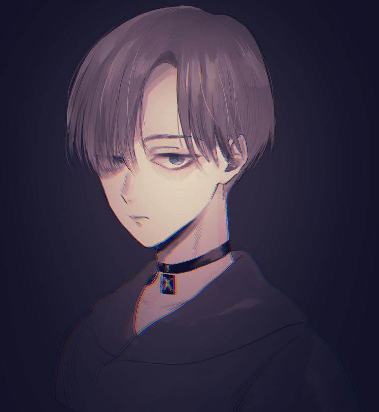 1boy alternate_hair_color bangs black_background black_choker black_hair black_shirt choker chromatic_aberration closed_mouth expressionless grey_eyes jewelry long_bangs looking_at_viewer male_focus mellow_rag nier_(series) nier_automata parted_bangs pendant portrait shirt simple_background solo yorha_no._9_type_s