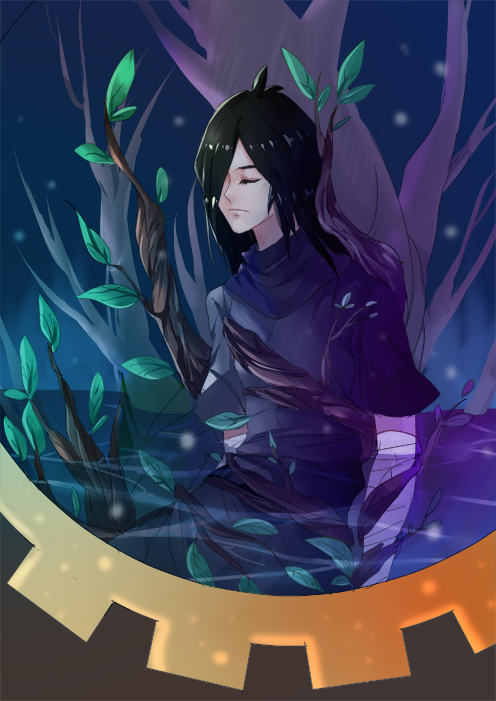 bad_id bad_pixiv_id bandages black_hair closed_eyes fakir gears hair_over_one_eye long_hair male_focus partially_submerged princess_tutu qvwd solo tree water