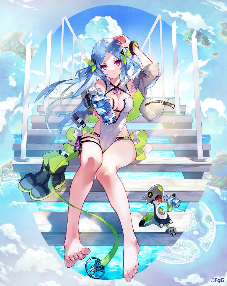 1girl aqua_hair barefoot blue_sky closed_mouth cloud commentary_request da-kuro day feet floating_hair full_body grantepieu_(phantom_of_the_kill) grey_footwear hand_on_own_head jacket long_hair looking_at_viewer official_art one-piece_swimsuit outdoors parted_bangs phantom_of_the_kill purple_eyes second-party_source sidelocks sitting sky smile solo stairs swimsuit thigh_strap toes white_jacket white_one-piece_swimsuit